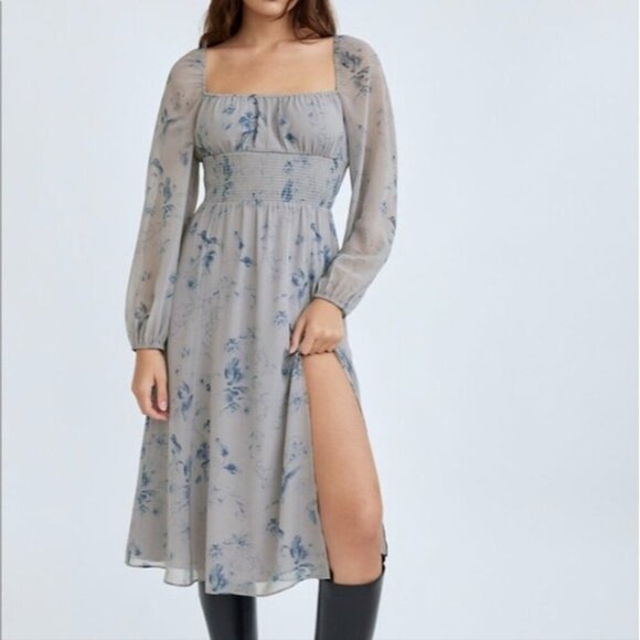 NWT Wilfred Bella Slit Dress Midi Long Sleeve Floral Dry Basil Granite ARITZIA - Picture 1 of 12